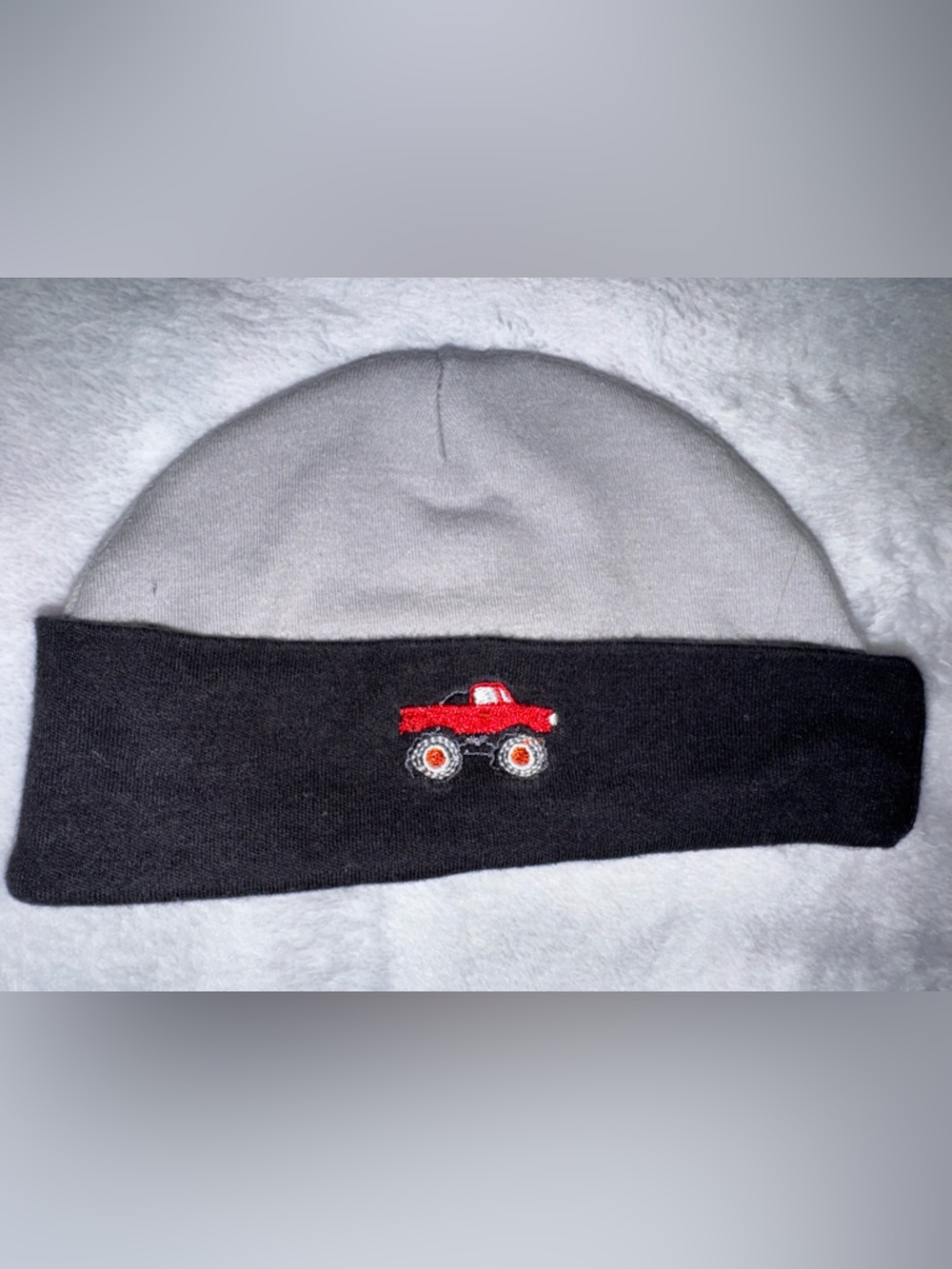 Baby Essentials Gray and Black Beanie with Red Truck Embroidery
